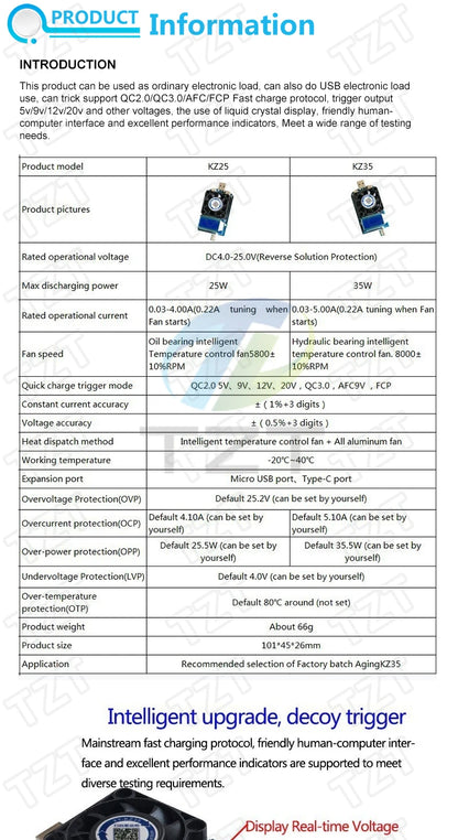 KZ35 Constant Current Electronic Load USB Type-C QC2.0 QC3.0 AFC FCP Trigger Battery Tester Discharge Capacity Meter