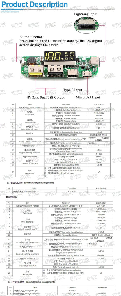 LED Dual USB 5V 2.4A Micro/Type-C Mobile Power Bank Charging Module with 18650 Lithium Battery Protection