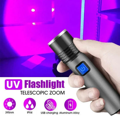 395nm UV Flashlight Blacklight Zoomable USB Rechargeable UV Light