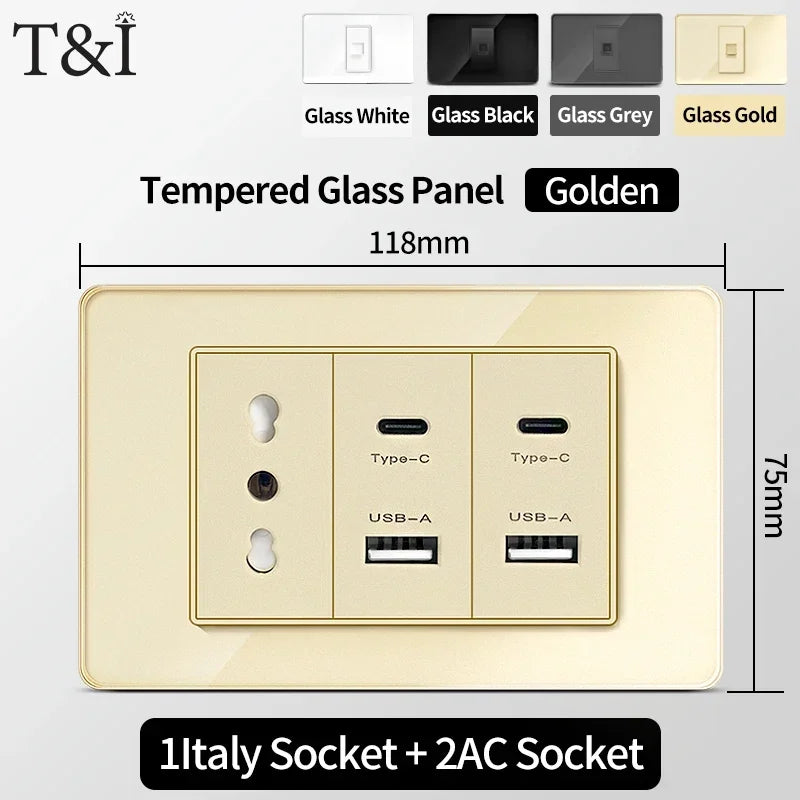 118-Style EU/CL Dual Socket with USB-C PD 20W Tempered Glass Italy & Chile Outlet for Home Office