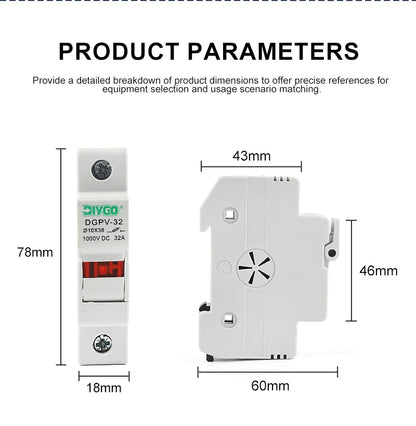 Solar PV 1000V Fuse Holder for 10x38mm PV Fuse Link Photovoltaic System Protection Base No Fuse