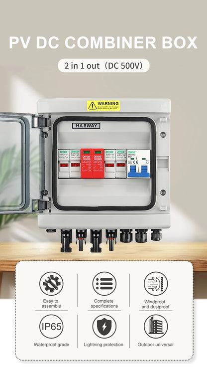 Solar Photovoltaic PV Combiner Box 500V 2 In 1 Out Lightning Protection DC Fuse MCB SPD IP65 Waterproof Outdoor Wall-Mounted