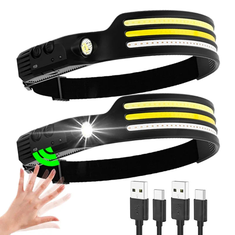 COB LED Headlamp USB Rechargeable Head Torch 5 Modes Built-in Battery
