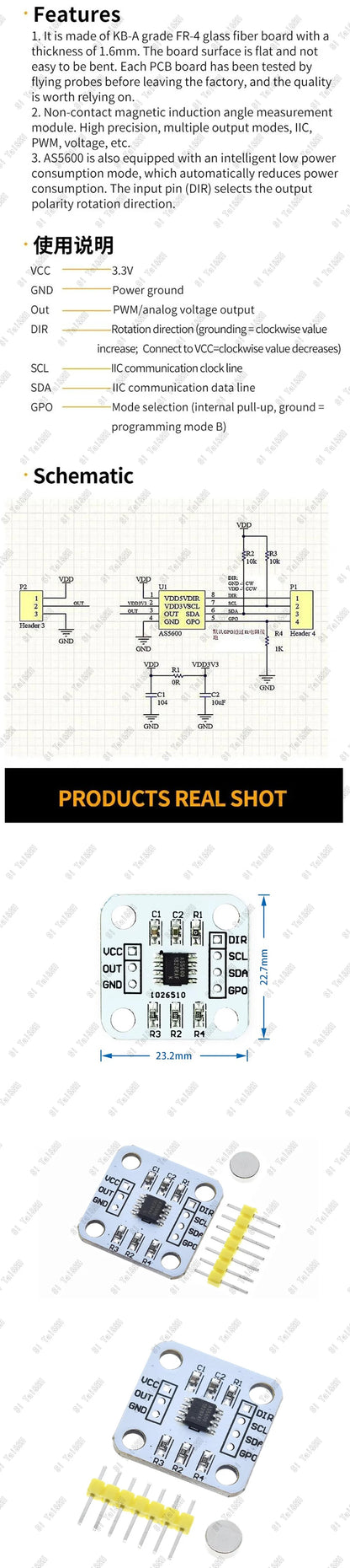 AS5600 Magnetic Encoder Sensor Module 12-Bit High Precision Angle Measurement