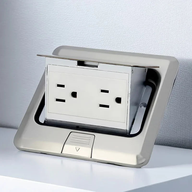 Floor Electrical Outlet Pop Up Kitchen Countertop Waterproof Sockets Pop Out Receptacle Stainless Steel Box Golden Cover 15A