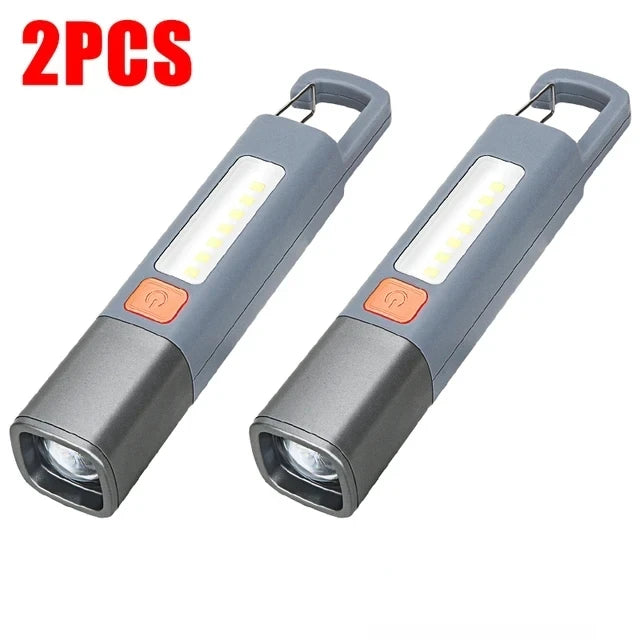 Portable Strong Light LED Zoom Flashlamp Built-in Battery USB Rechargeable with Hook Camping Hanging Lamp COB Side Lamp