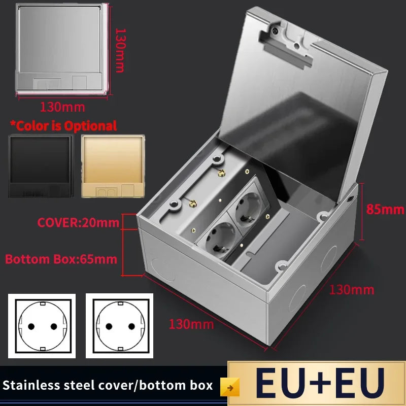 Hidden Floor Socket with USB Charging Ports 304 Stainless Steel Underground Power Outlet EU FR BR IL IT Standard 130×130mm