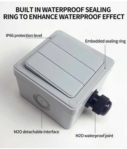 IP66 Outdoor Wall Switch 16A Weatherproof Push Button 1/2/3 Gang Electrical for Garden Patio Exterior Use