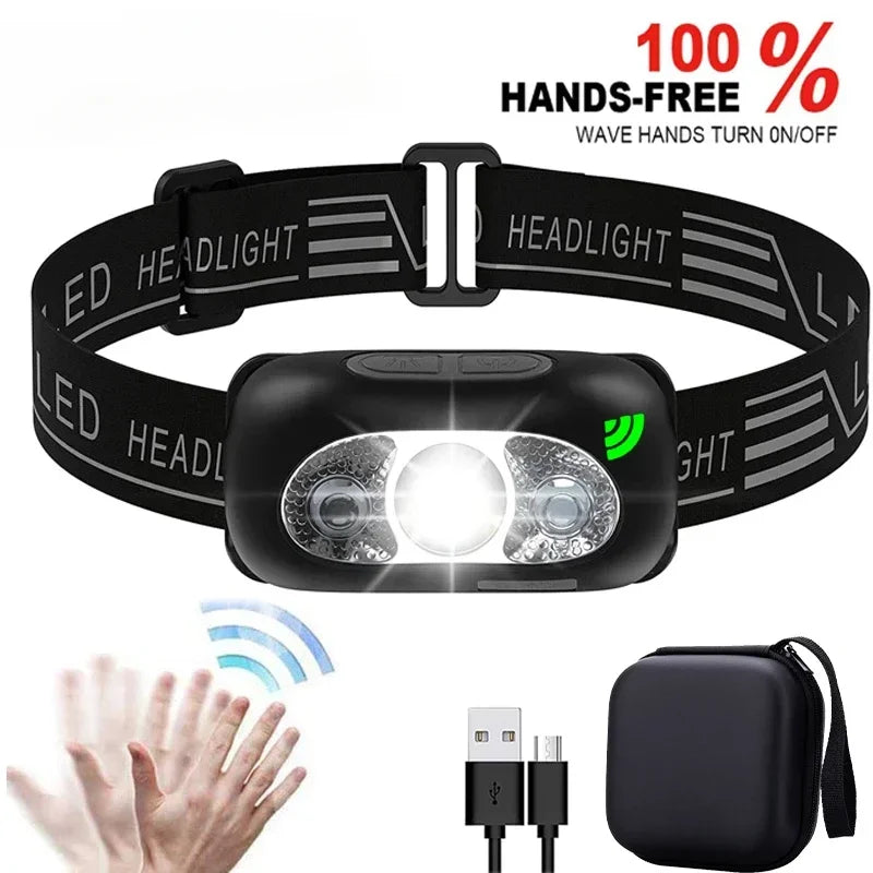 USB Rechargeable Mini Strong Light LED Sensor Headlamp Outdoor Waterproof Work Head Torch Camping Fishing Search Headlight