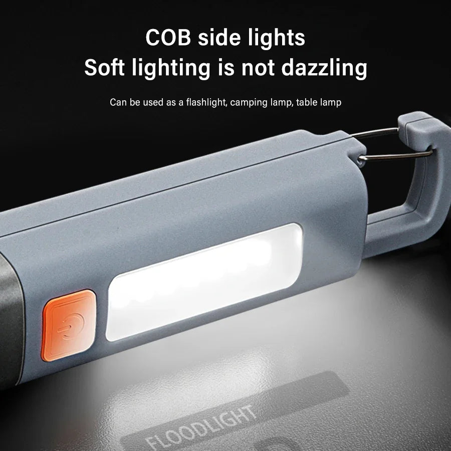 Portable Strong Light LED Zoom Flashlamp Built-in Battery USB Rechargeable with Hook Camping Hanging Lamp COB Side Lamp