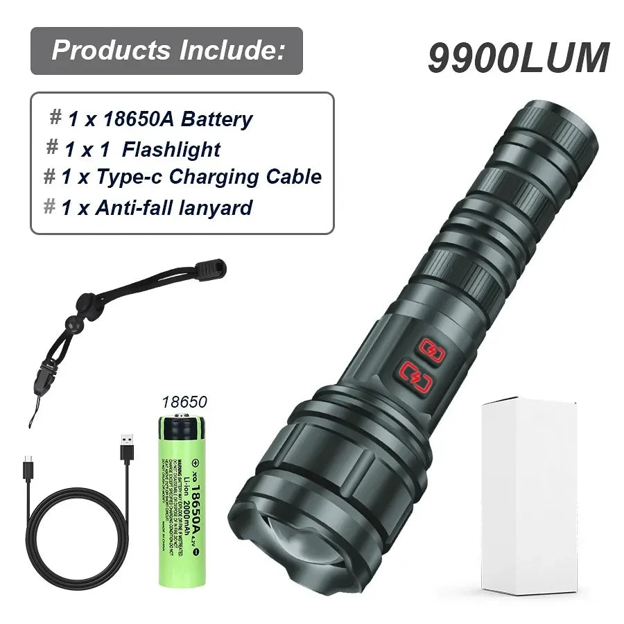 Powerful 9000LM Led Flashlight USB Rechargeable Zoom Tactical Torch Ultra Bright Outdoor Camping Fishing Hunting Emergency Lamp