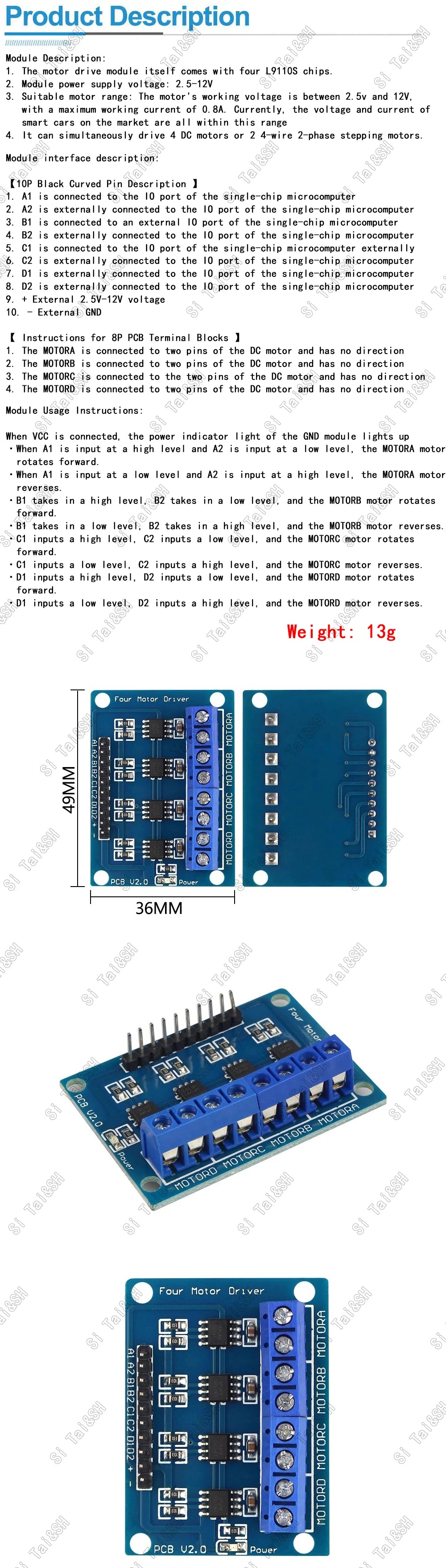 L9110S 4-Channel DC Motor Driver Module Dual H-Bridge 2.5V–12V 800mA for Robotics