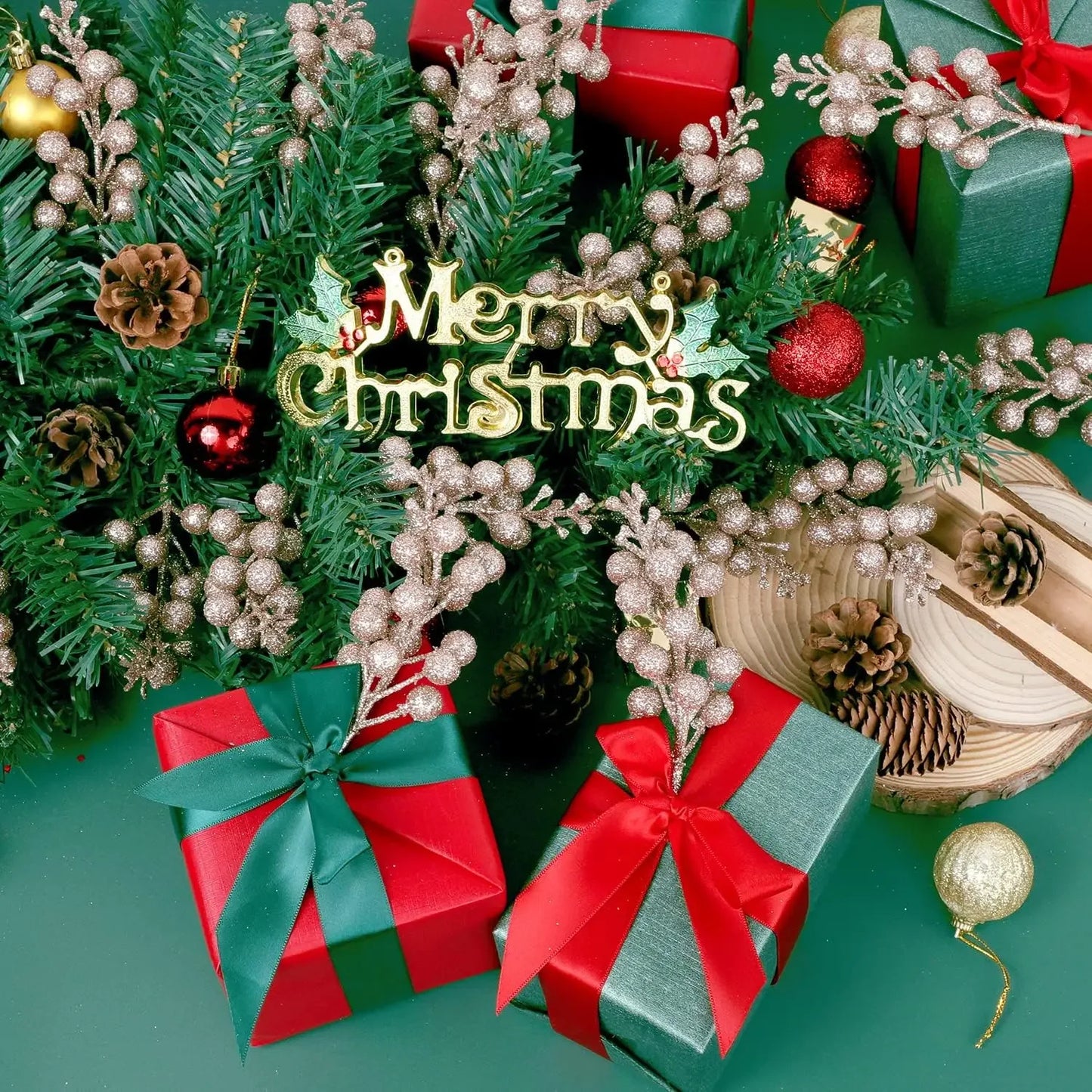 Christmas Artificial Berries Branch Glitter Red Holly Berry Flowers Bouquet Fake Plants New Year Party Festival Home Decoration