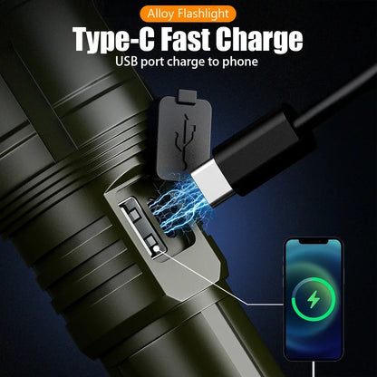 Super Bright Flashlight with Flame Ignition Type-C Rechargeable Outdoor Zoomable Aluminum Alloy Floodlight Camping Adventure