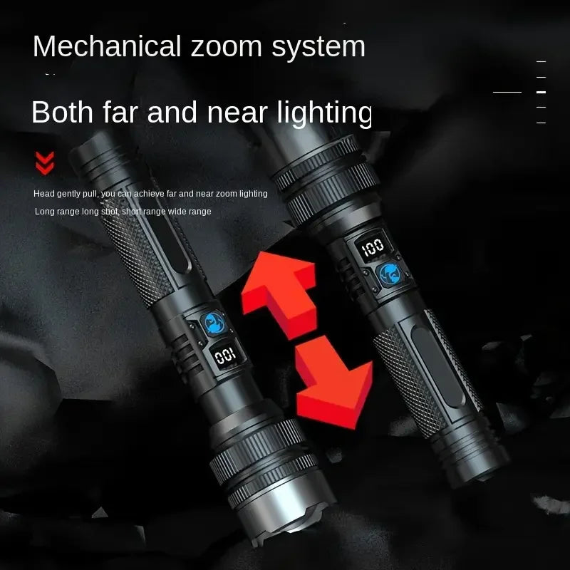 Powerful LED Flashlight Type-c Rechargeable Telescopic Zoom Torch Electric Display High Brightness Waterproof Lighting Torch