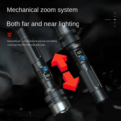 Powerful LED Flashlight Type-c Rechargeable Telescopic Zoom Torch Electric Display High Brightness Waterproof Lighting Torch