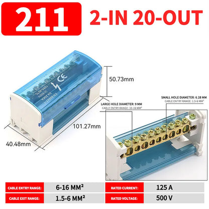 UK207 UK211 UK215 UK407 UK411 UK415 DIN Rail Terminal Block 125A Electrical Distribution Junction Box 1 In 2 4 6 Out