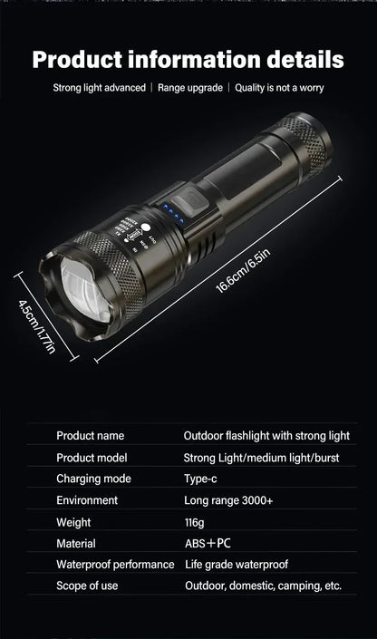 Strong Light LED Flashlight Portable Rechargeable Torch Telescopic Zoom Light Safety Light for Outdoor Camping Fishing Working