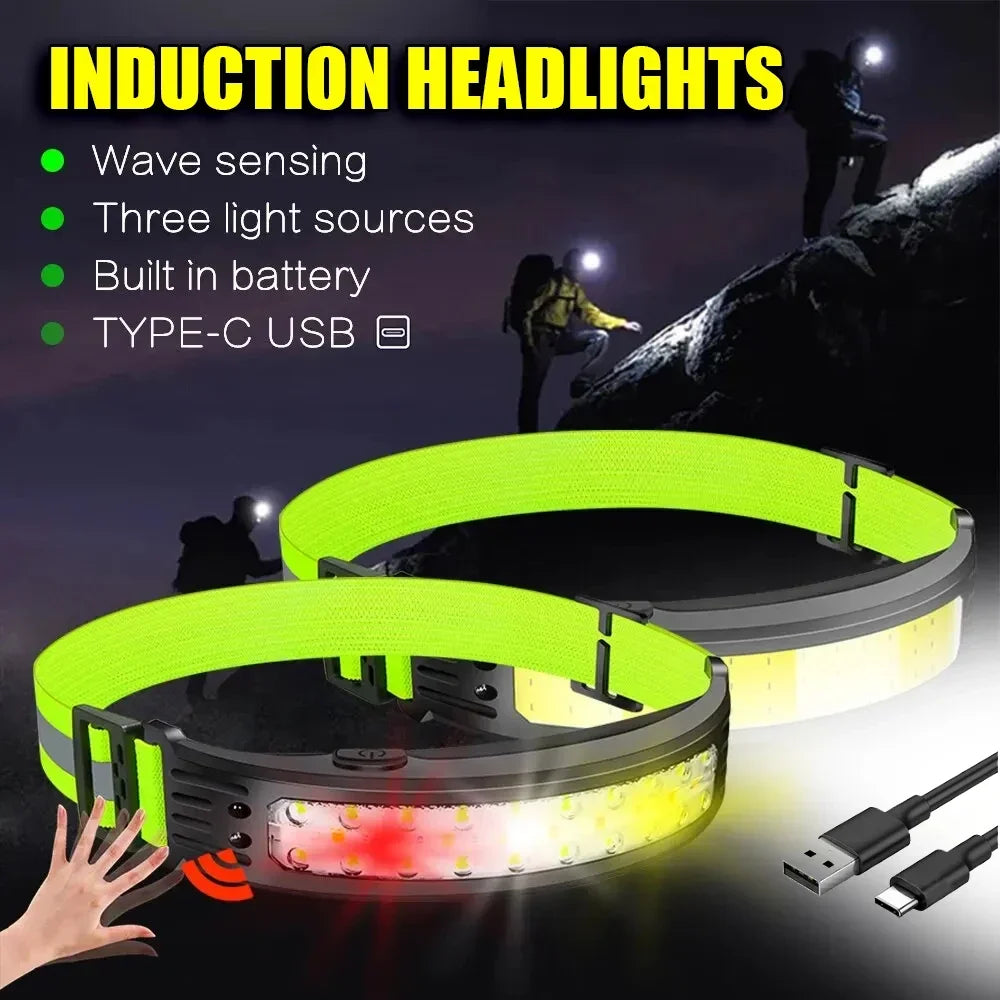 LED COB Headlamp USB Rechargeable Head Lamp Motion Sensor Waterproof Lantern for Outdoor Camping Fishing Running Emergency Light