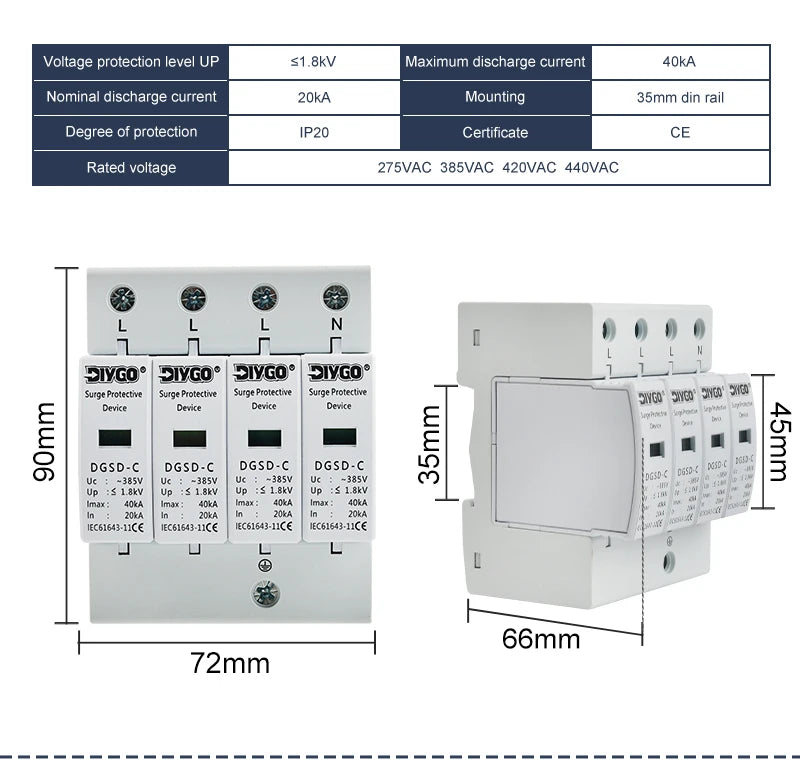 AC SPD 4P House Lightning Surge Protector 10-20KA 20-40KA 30-60KA 385V Solar PV Low-Voltage Arrester 3P+N