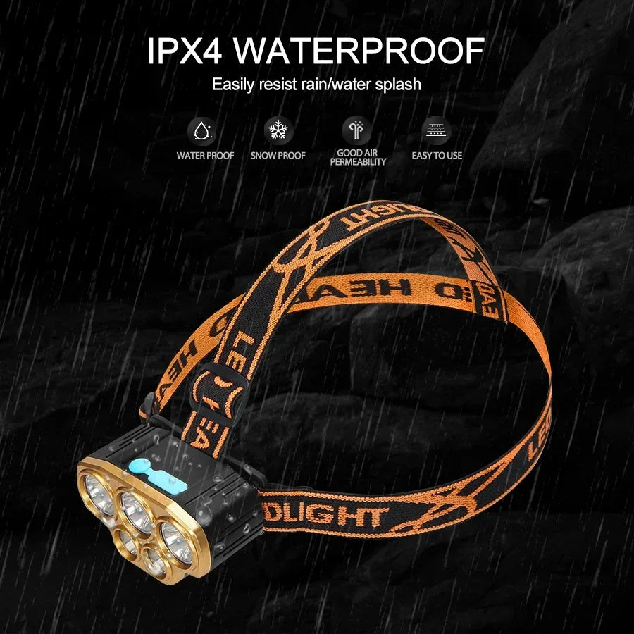 Rechargeable Ultra Bright Powerful 5 LED Headlight Waterproof Headlight Outdoor Camping Running Lighting 18650 Battery Spotlight
