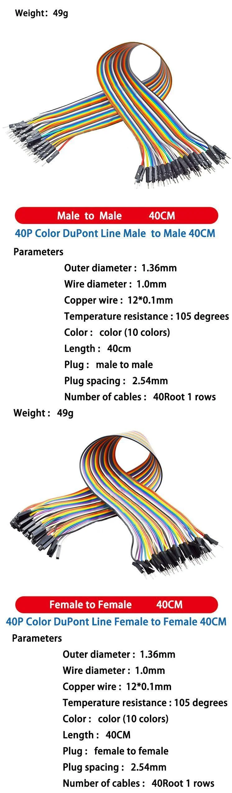 DuPont Jumper Wires Female to Female, Male to Female, and Male to Male