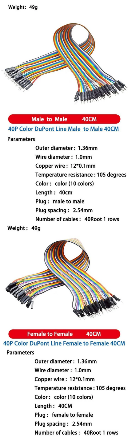 DuPont Jumper Wires Female to Female, Male to Female, and Male to Male