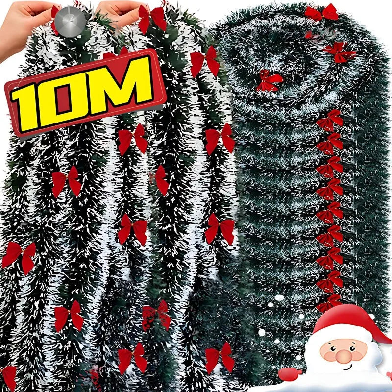 10/2M Christmas Bow Ribbon Garland Embellished Green Tinsel Xmas Tree Hanging Ornament Holiday Party Home Wedding Decoration
