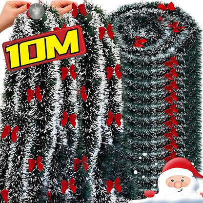 10/2M Christmas Bow Ribbon Garland Embellished Green Tinsel Xmas Tree Hanging Ornament Holiday Party Home Wedding Decoration