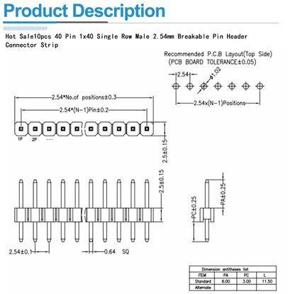 5pcs/lot 40 Pin 1x40 Single Row Male 2.54mm Breakable Pin Header Connector Strip