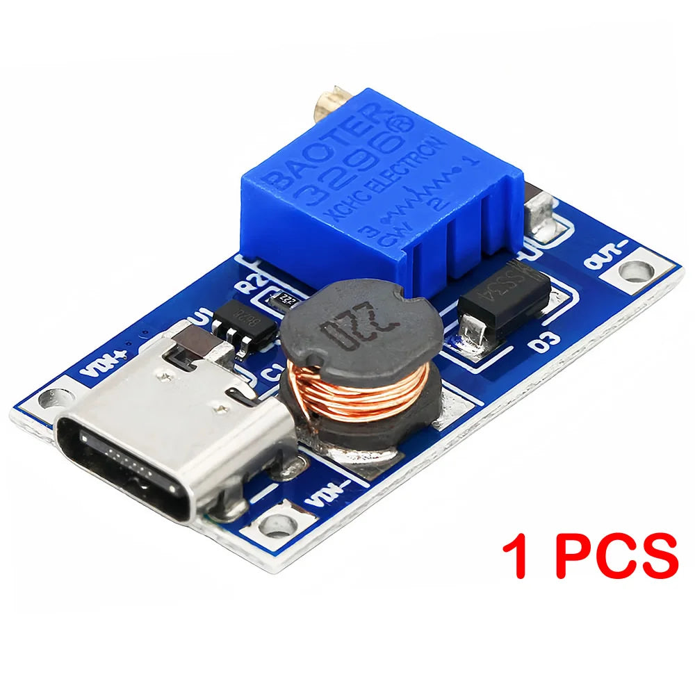MT3608 DC-DC Adjustable Step-Up Boost Module 2A Type-C/Micro USB 2-24V to 5V/9V/12V/28V
