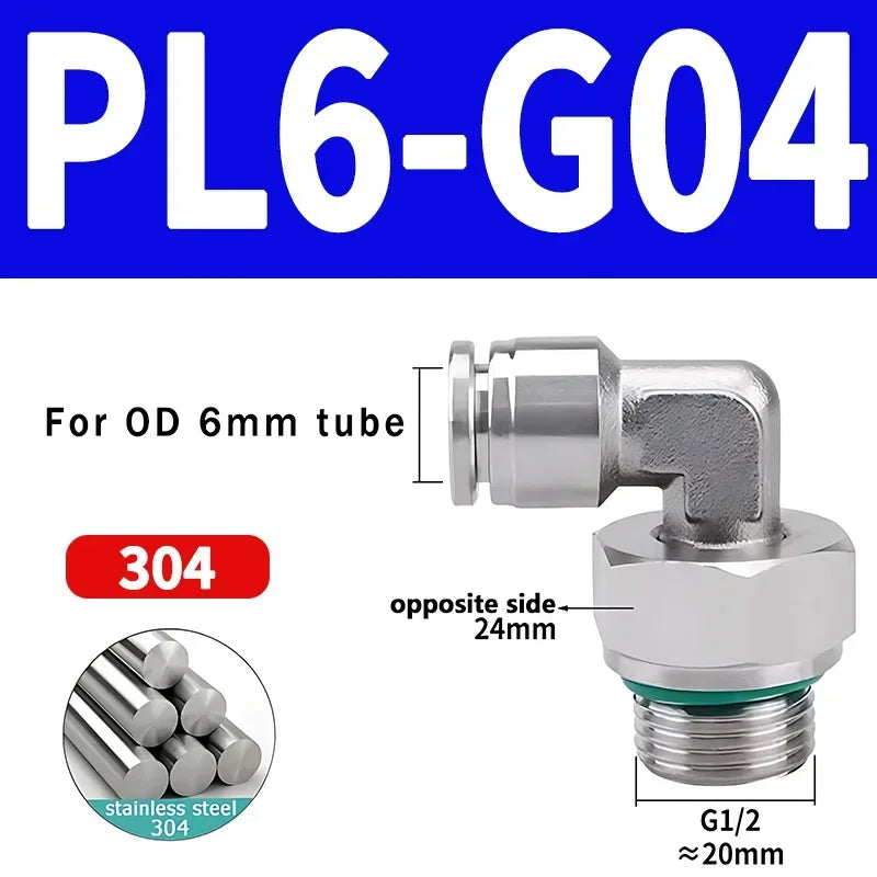 PL-G 304 Stainless Steel Pneumatic Elbow Fitting 1/8 1/4 3/8 1/2 External G Thread Quick Coupling Joint