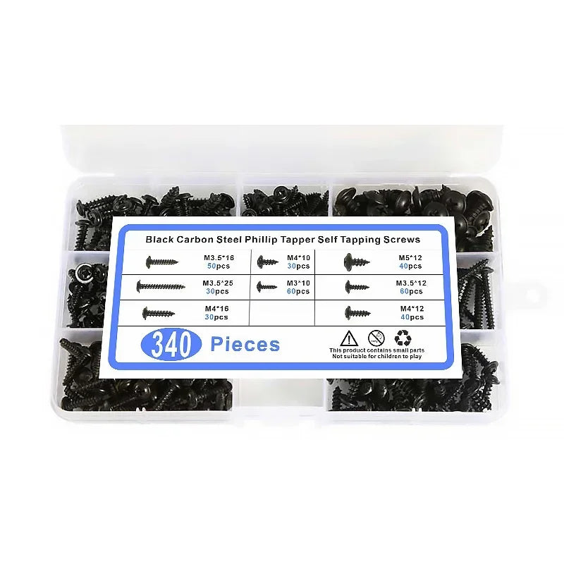PWA Cross Self-Tapping Black Screw M3 M3.5 M4 M4.8 Carbon Steel Round Pan Head Tapping Screw with Washer Assortment Kit