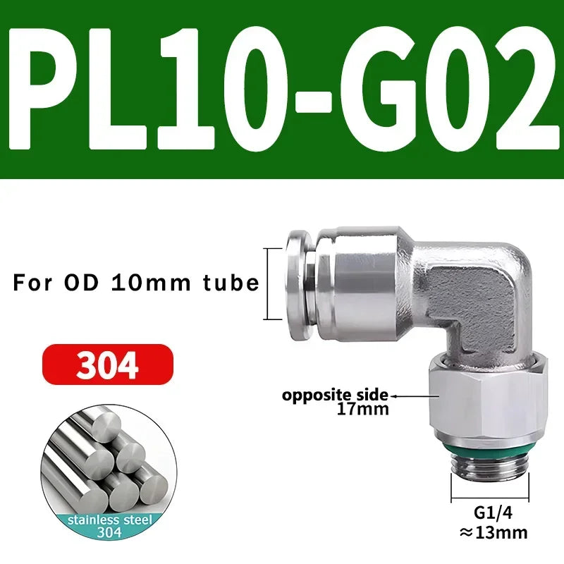 PL-G 304 Stainless Steel Pneumatic Elbow Fitting 1/8 1/4 3/8 1/2 External G Thread Quick Coupling Joint