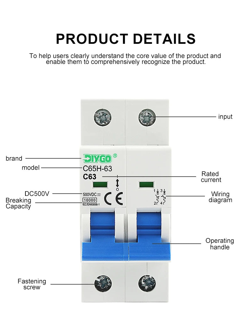2P DC MCB 6KA 500V Solar Mini Circuit Breaker, 6A–63A for PV System, Battery Main Switch