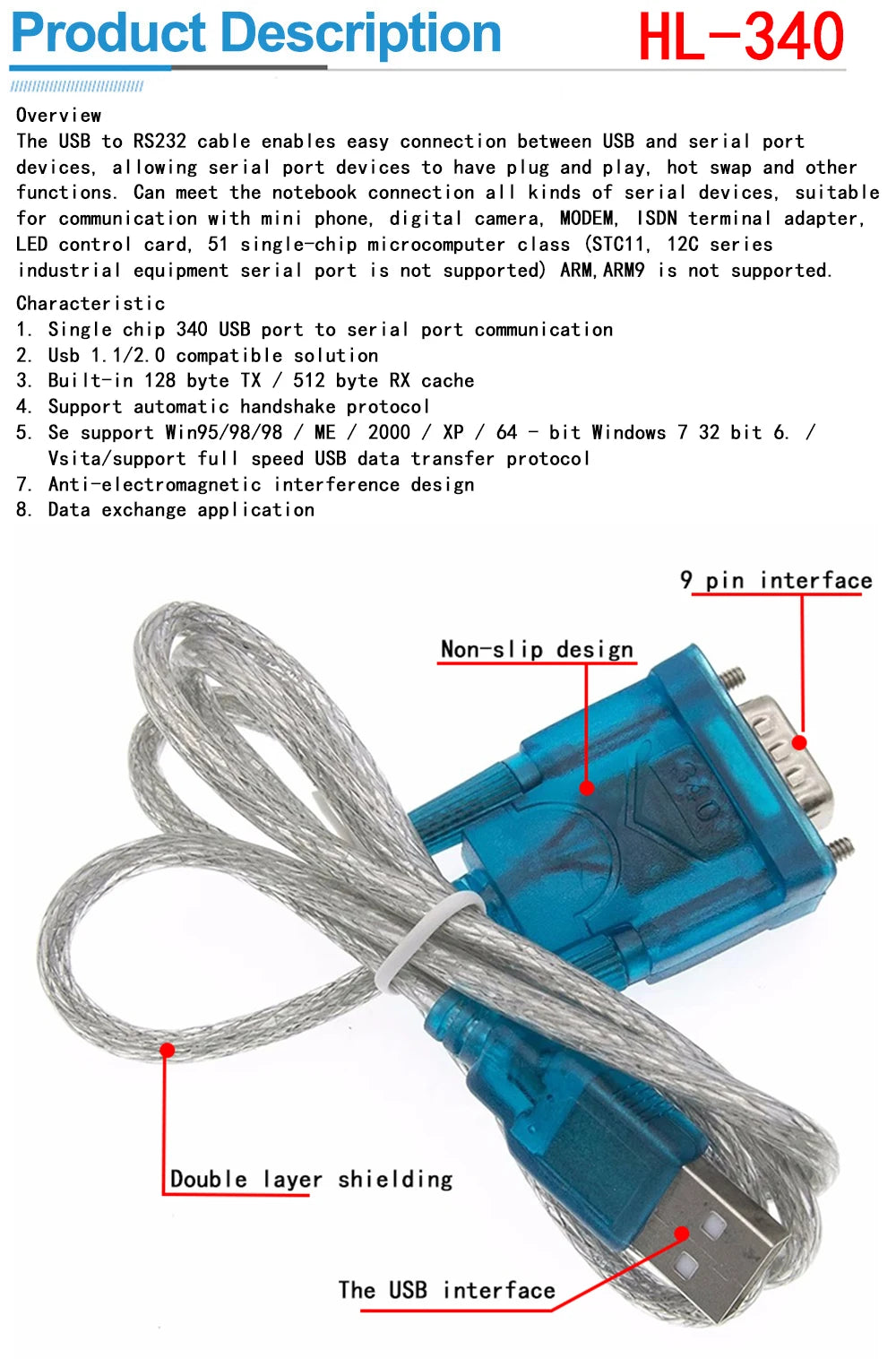 HL-340 USB to RS232 Serial Adapter DB9 Cable for Windows 7 64-bit