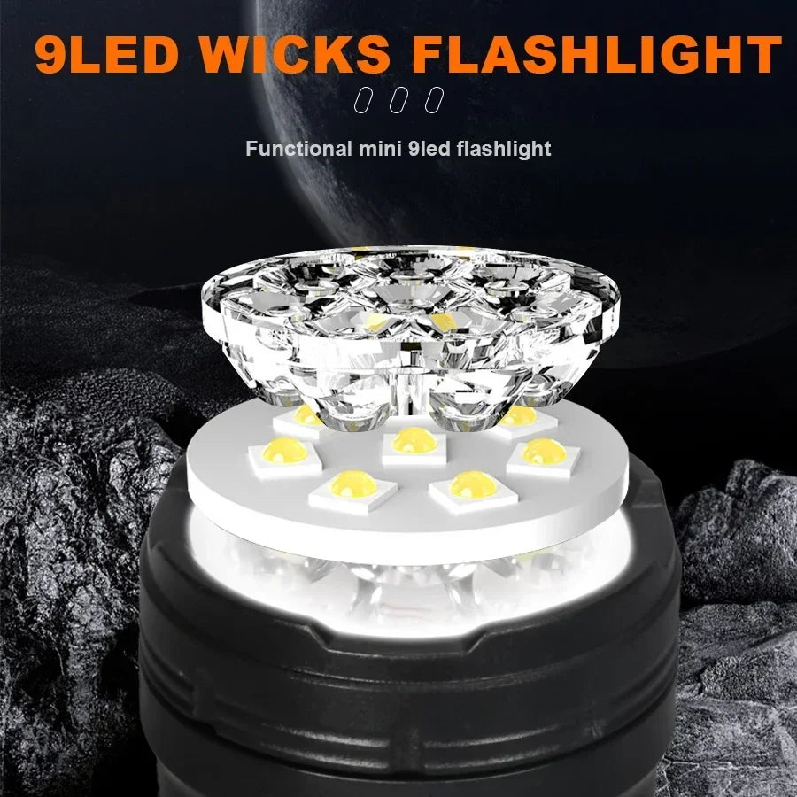 Outdoor Mini Flashlight 9 LED Strong Light Lantern Long Range Rechargeable Pocket Lamp Portable Camping Hiking Magnetic Light