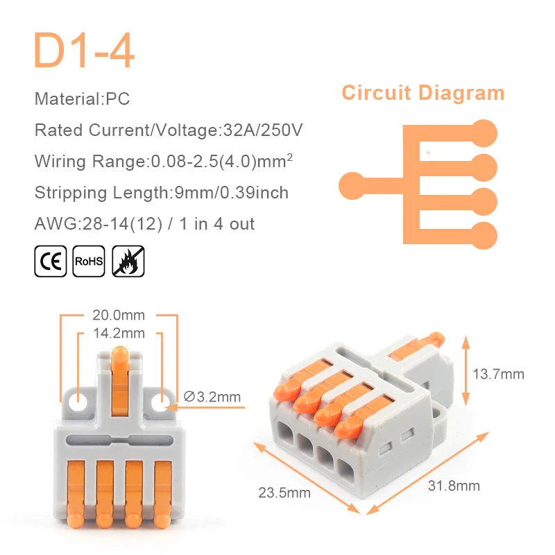 1 in Multiple Out Fast Electrical Wire Connector, Universal Compact Cable Splicing Terminal Block, Push-in Connector with Lever