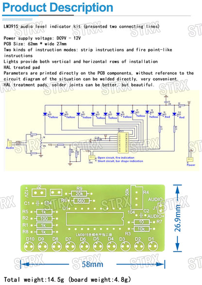 LM3915 10 LED Audio Spectrum Analyzer Level Indicator Kit 9V-12V DIY Electronics Soldering Practice