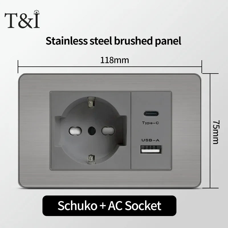 Stainless Steel Wall Socket 118x75mm Italian-Style with USB-C Schuko Chilean Plug Brushed Finish for Home Office