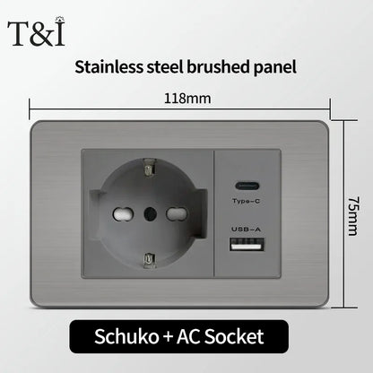 Stainless Steel Wall Socket 118x75mm Italian-Style with USB-C Schuko Chilean Plug Brushed Finish for Home Office