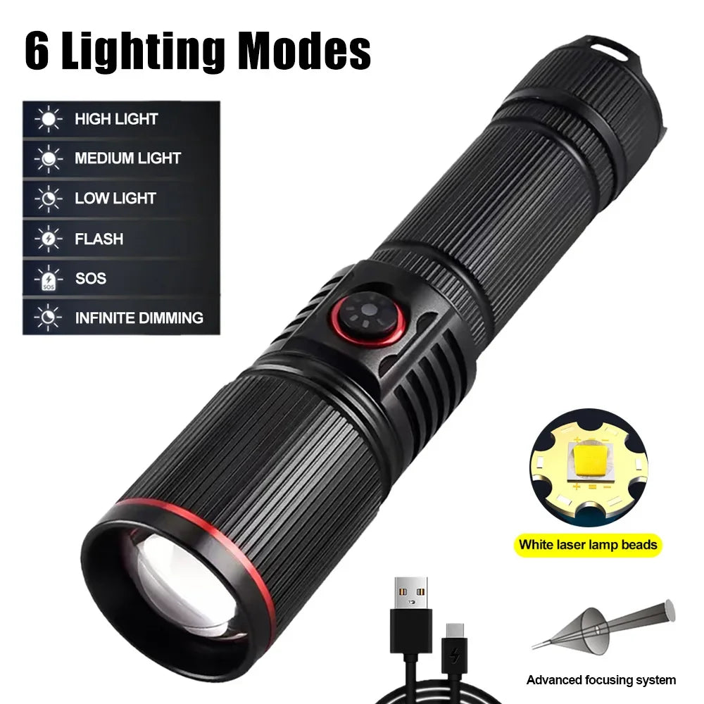 LED High Power Strong Light Long-range Tactical Flashlight Type-C Charging Waterproof Outdoor Emergency Lighting Spotlight