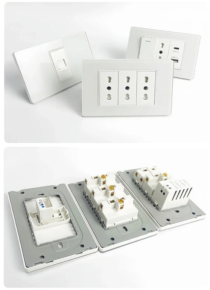 118x75mm Type-C Fast Charging Wall Socket Italy & Chile Schuko Outlet Tempered Glass Panel Type Switch