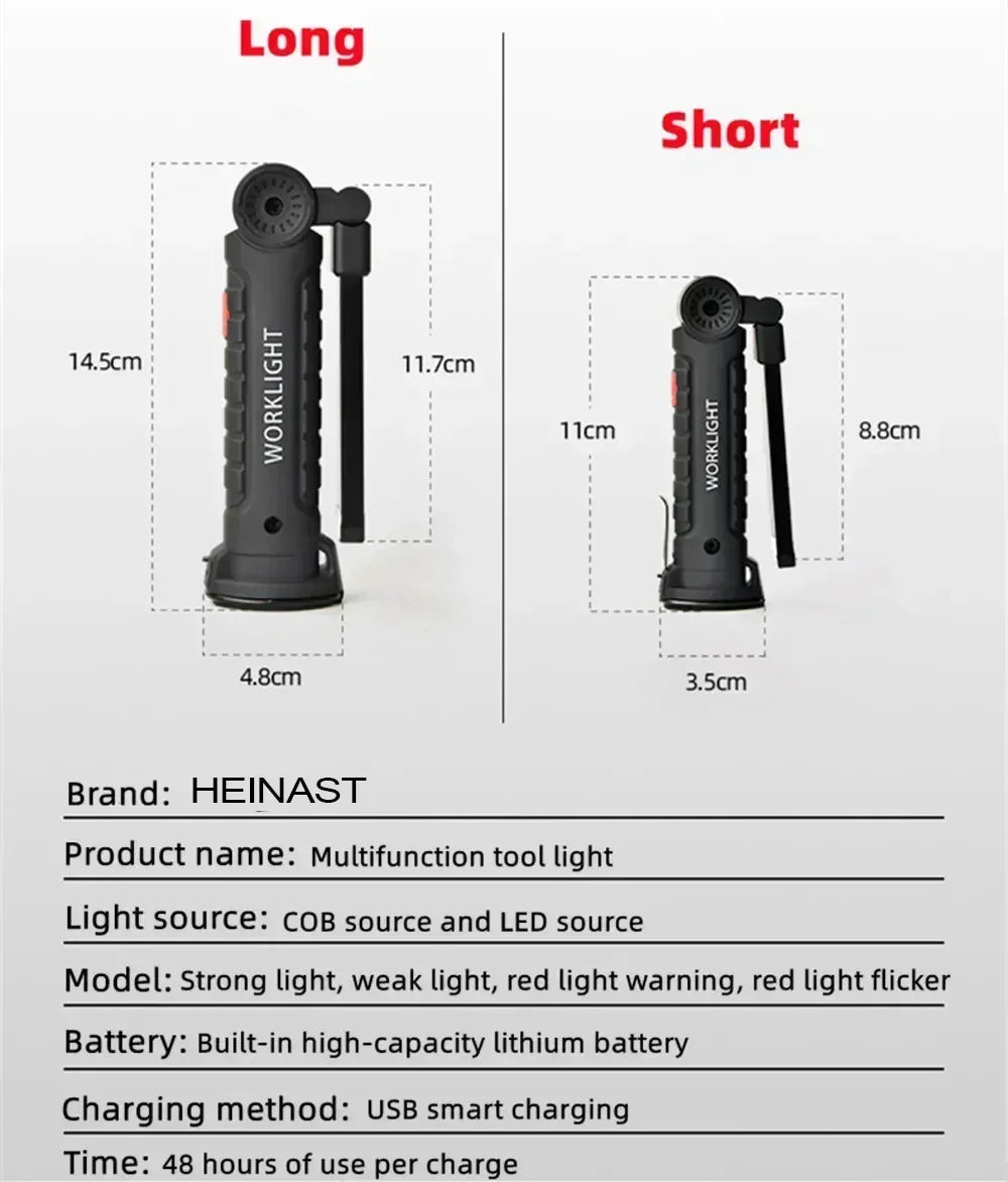 High Power LED Work Light 5 Lighting Mode Rechargeable Flashlight Inspection Lamp with Magnetic Power Bank 18650 Battery Torch