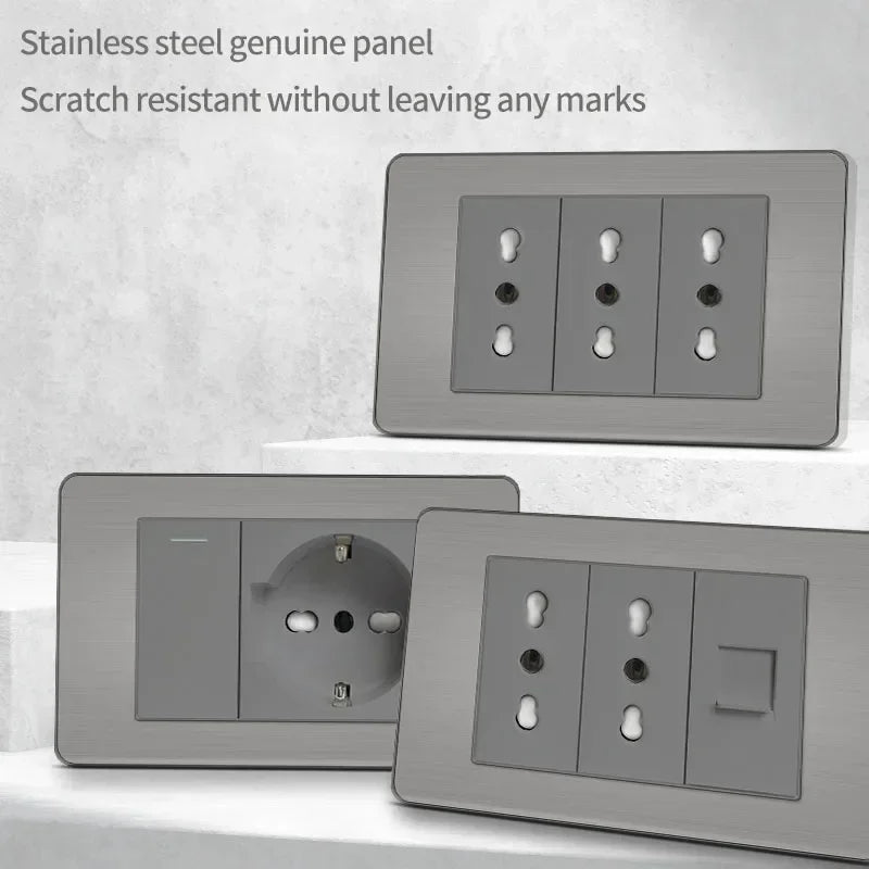 Stainless Steel Wall Socket 118x75mm Italian-Style with USB-C Schuko Chilean Plug Brushed Finish for Home Office