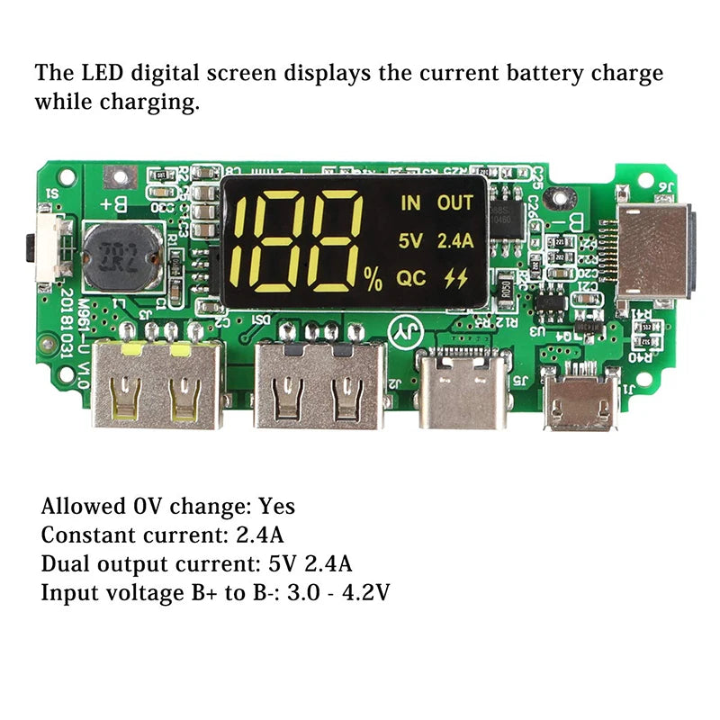 LED Dual USB 5V 2.4A Micro/Type-C Mobile Power Bank Charging Module with 18650 Lithium Battery Protection