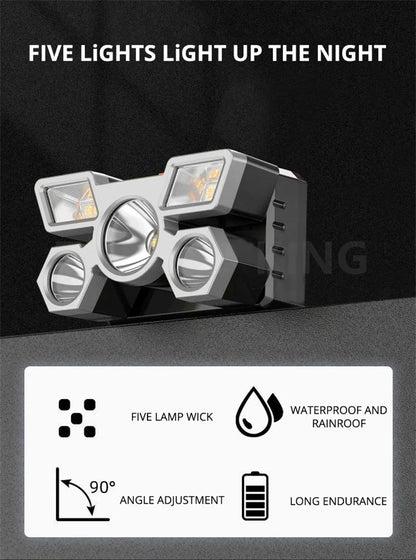 5/11 LED Headlamp Strong Light Head Torch USB Rechargeable Headlight Built-in 18650 Battery Outdoor Fishing Camping Lantern