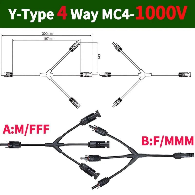 DC PV Y Branch Photovoltaic Solar Connector 1000V 30A Male Female 3-Way 4-Way 5-Way Plug 1 to 2/3/4 Adapter