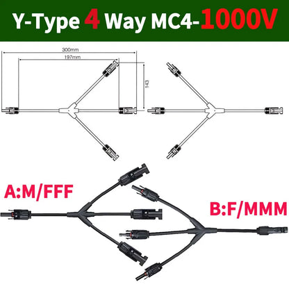 DC PV Y Branch Photovoltaic Solar Connector 1000V 30A Male Female 3-Way 4-Way 5-Way Plug 1 to 2/3/4 Adapter