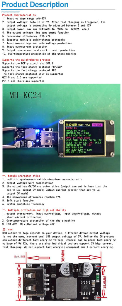 QC3.0 / QC2.0 USB DC-DC Buck Converter Module – Fast Step-Down Charger 6-32V to 3V/5V/12V